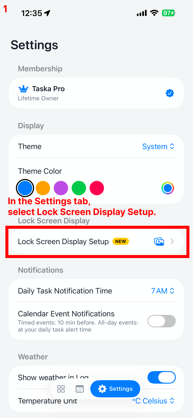 In the Setting tab, select Lock Screen Display Setup
