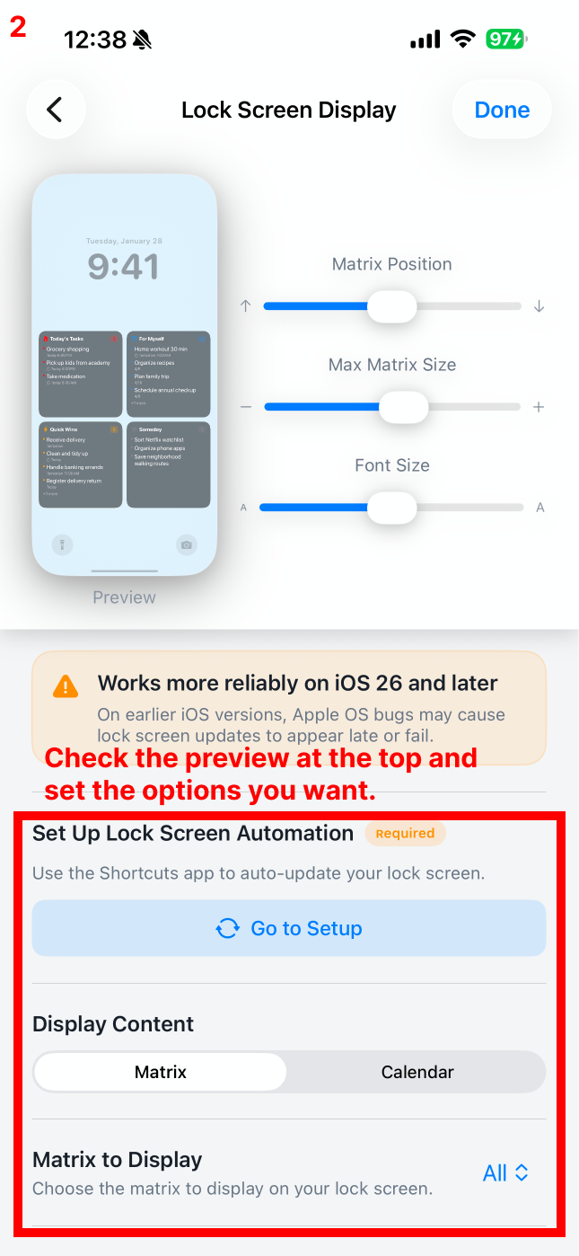 Check the preview at the top and set the options you want