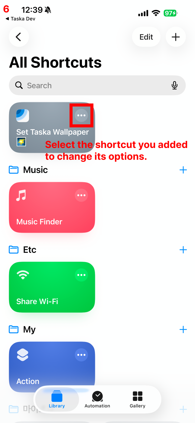 Select the shortcut you added to change its options