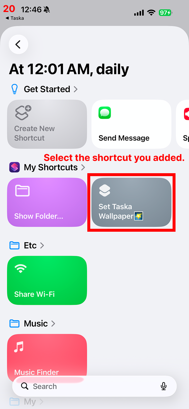 Select the shortcut you added