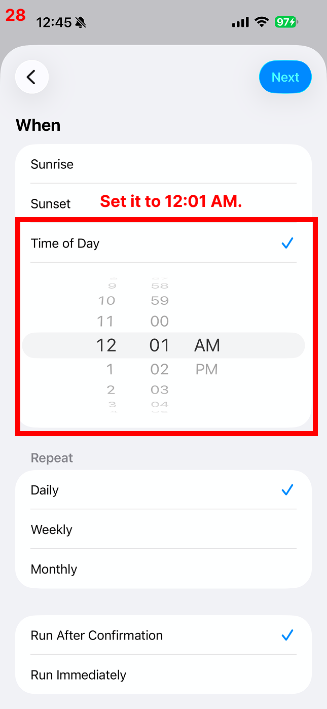 Set it to 12:01 AM